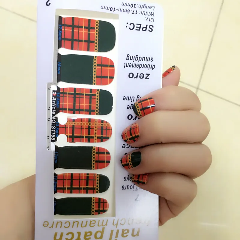 Red Black LatticeNail Arts Sticker 14 pcs set Waterproof Nail Decal Art Sticker Gel Polish Manicure