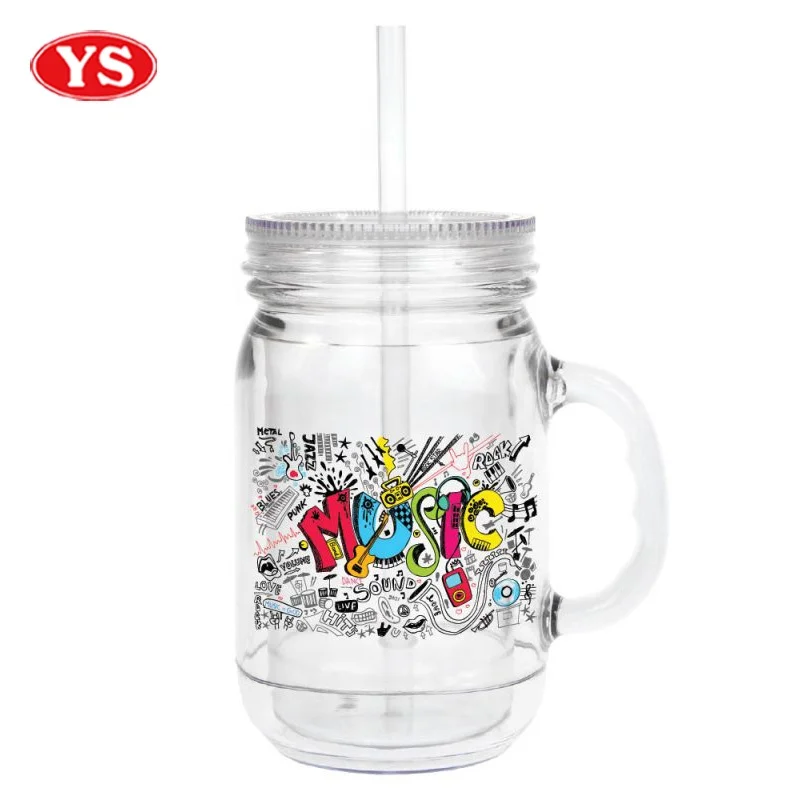 Персонализированные 20oz. Пластиковая двойная настенная банка с ручкой и соломой