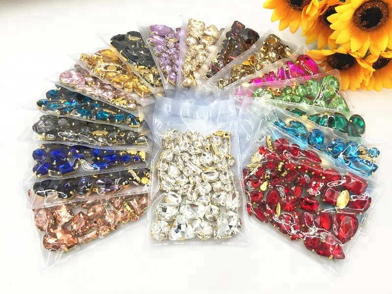 Light Green Mixed Shape Glass Flatback Rhinestone Sew-On Loose Rhinestones with Golden Claw