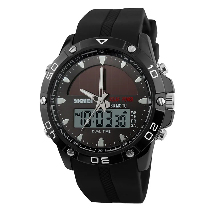 High Energe Sun Panel Solar Power Watch,Dual Time Wrist Watch with Silicone Strap