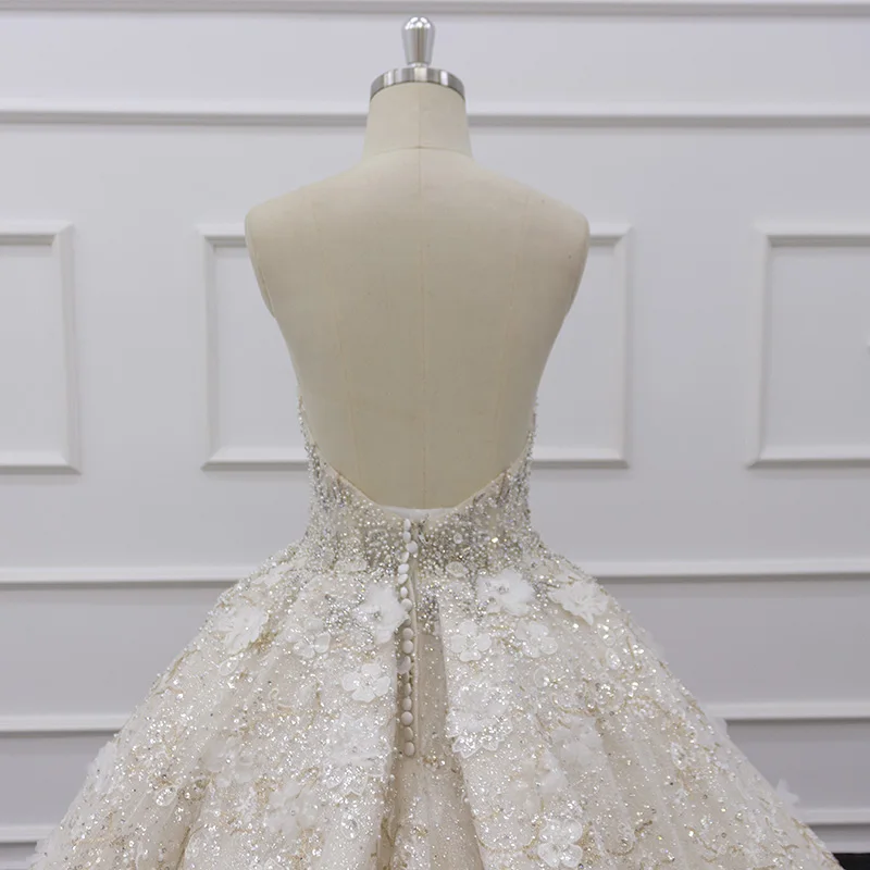 Eslieb LWY002 Real Photo New Style champagne Crystal Bead Chapel Train 3d Flower Lace Ball Gown Wedding Dress