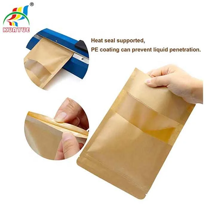 Kraft Paper Bag With Transparent Window Resealable Food Storage Bag Large Pouches Ziplock Stand