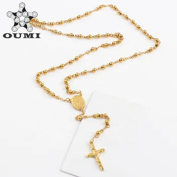 OUMI Religious Jewelry Stainless Steel Plated 18k Gold Rosary Bead Necklace Catholic Unisex