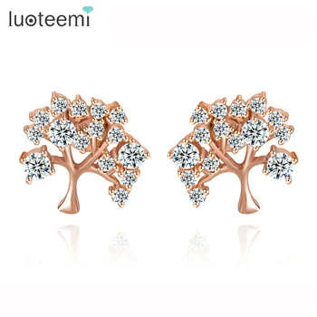 LUOTEEMI CZ Diamond Rose Gold / Rhodium Plated Cute Korean Fashion Style Girls Christmas Gift Tree Stud Earrings Woman