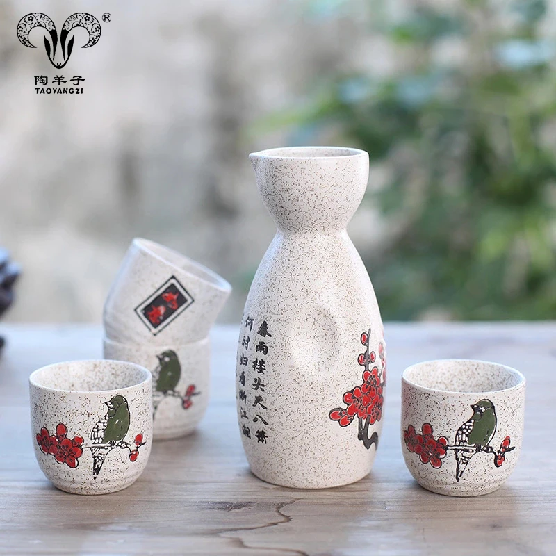 Chinoiserie Ceramic Pottery Sake Pot Wine Bottle 4 Cups Ceramic Sake Sets