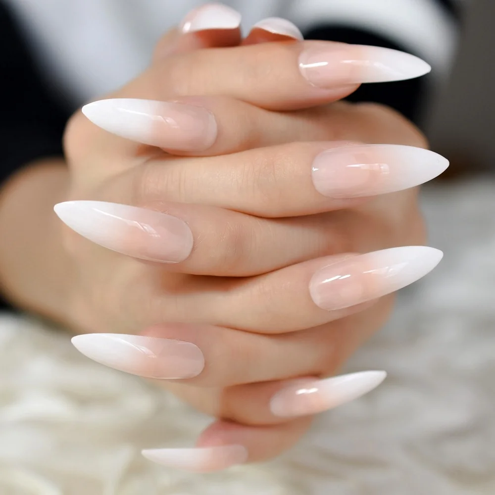 Ombre Extra Long French Nail Extreme Stiletto Sharp Gradient Nude White 24 ...