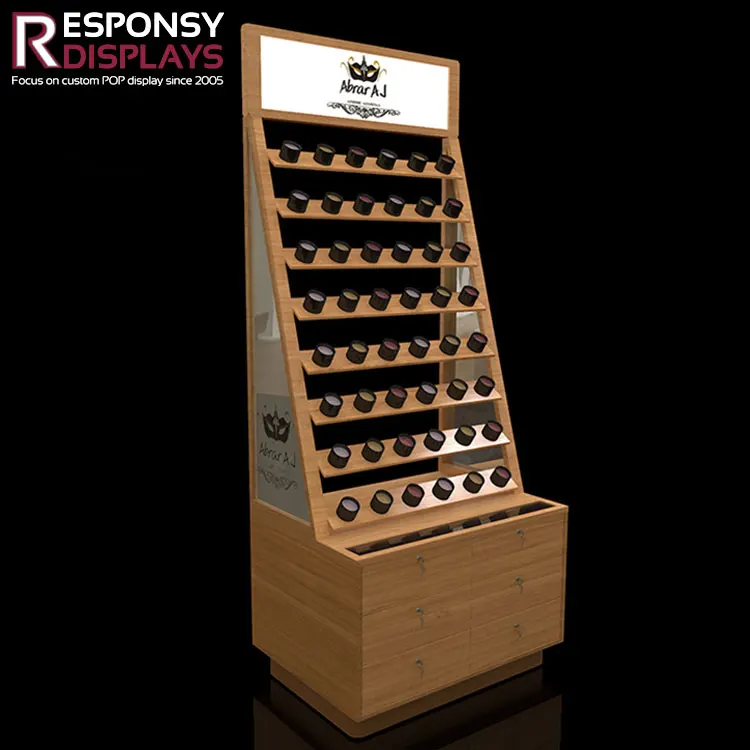 Metal Floor Standing Cosmetic Display Rack with Multi Tier Shelves and Large Back Panel for Lipstick Perfume Foundation in Shops