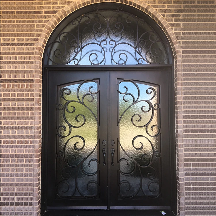 Villa Decoration Front Entry Double Wrought Iron Arch Door Church Iron Door Design