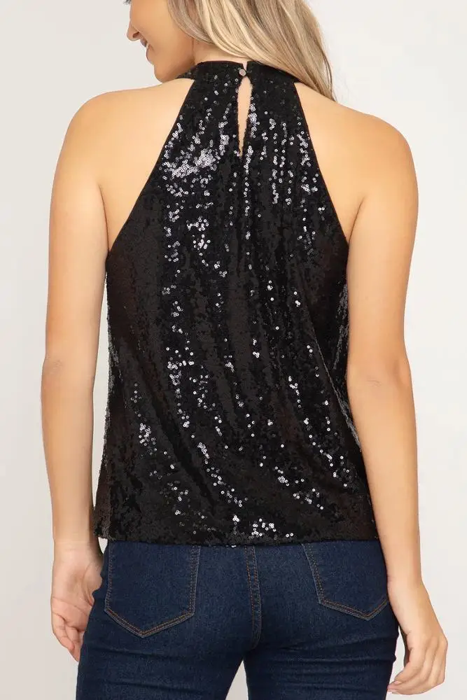 Custom Ladies Fancy Bright Halter Neck Sequin Tops
