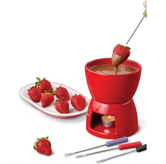 Cheap Price Red Color Ceramic Chocolate Fondue With Fondue Fork