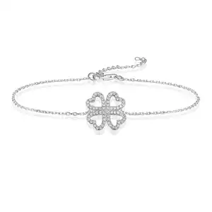 Keiyue Italian Charm Bracelet for Girls 925 Sterling Silver CZ Flower Four-Leaf Clover Lick Beaded Bangle Gift