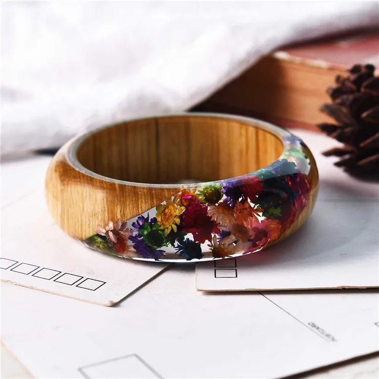 Factory Price High clear Epoxy Resin Real Flower Wooden Bracelet Bangle