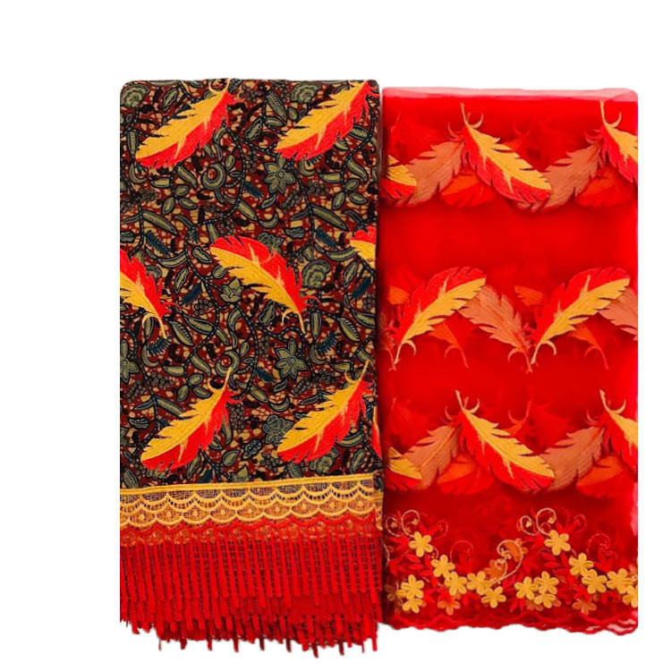 
Африканская ткань Queency с восковым принтом Анкары, вышивка перьями с кружевом, французское Тюлевое кружево 