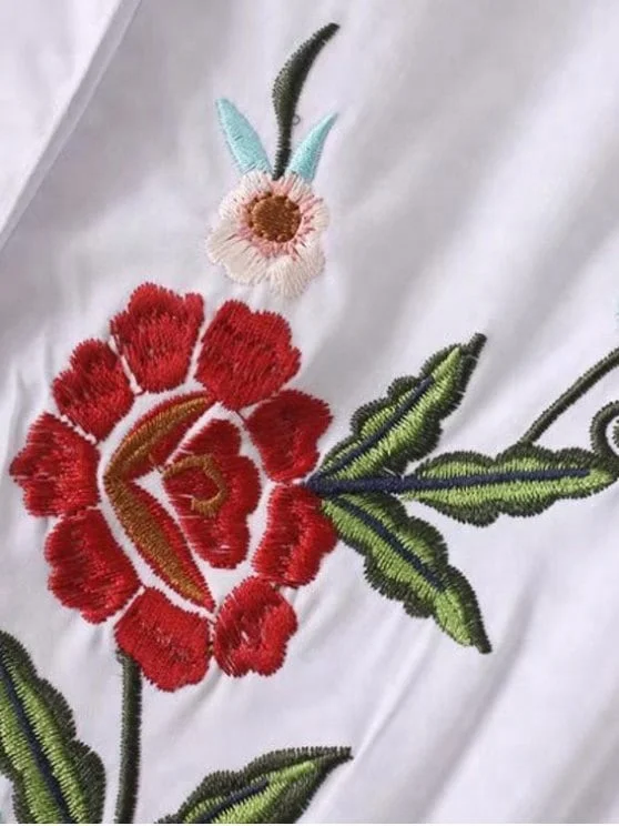 Lady Button Down Flared Cuffs Details Long Sleeve  Women Flower Embroidered Shirt Custom Designs
