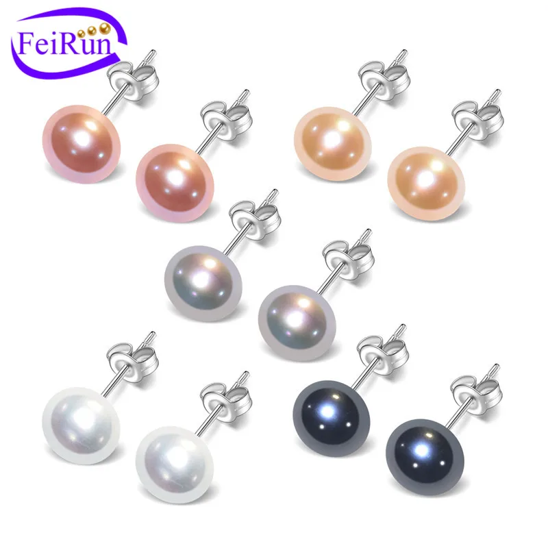 8mm White Button Cultured Pearl Studs ~ 925 Sterling Silver Solitaire Earrings