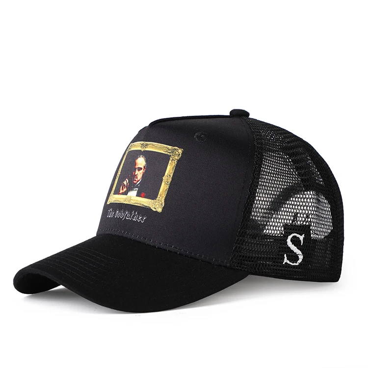 Custom Wholesale Printed 6 panel Trucker Mesh Cap Embroidery Patch Mesh black Trucker Caps