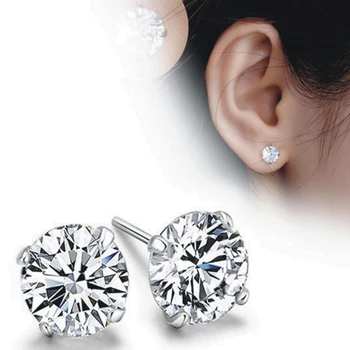 Solid 925 Sterling Silver Jewelry Stud Earrings Cubic Zircon Crystal Stud Earrings