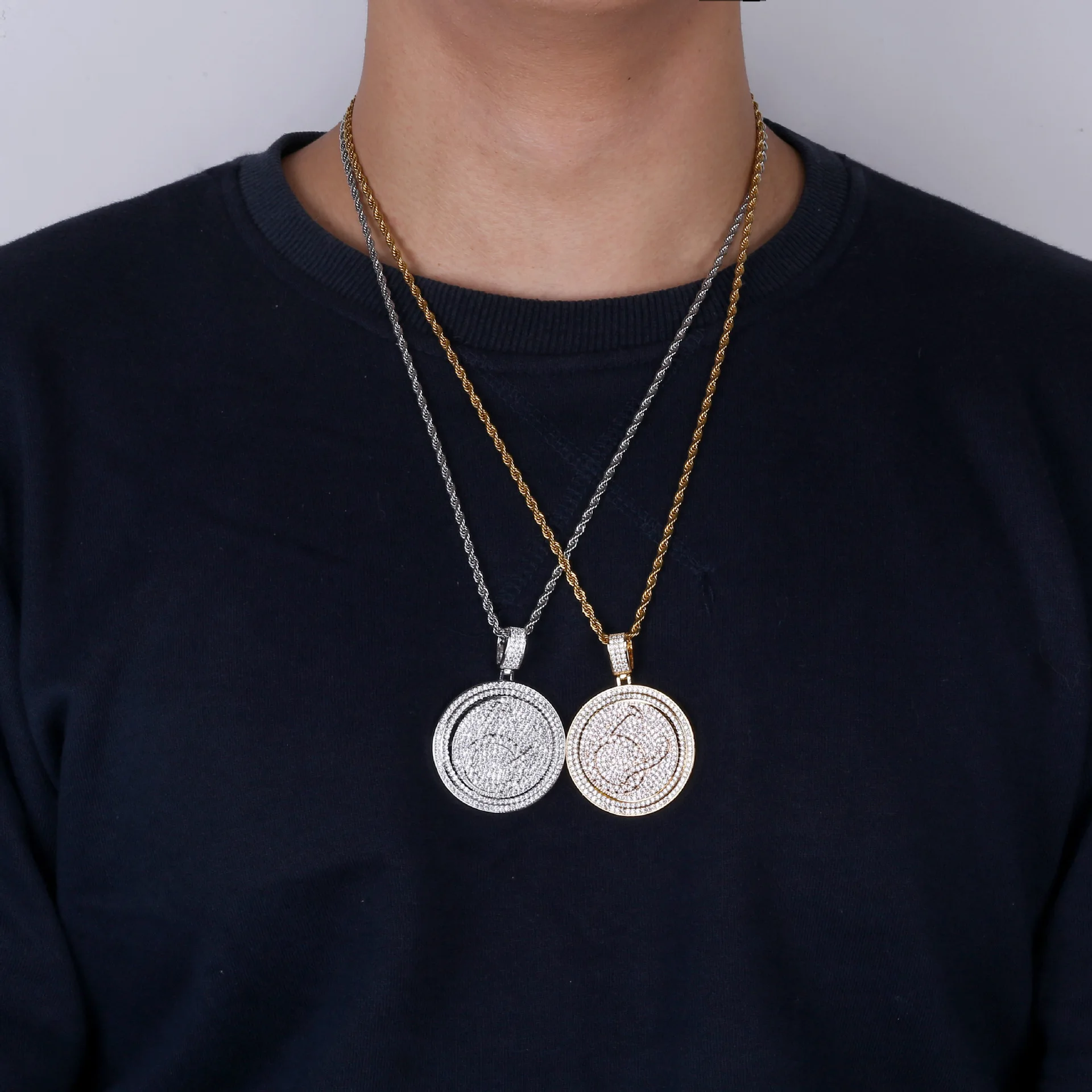 Rapper Migos QC Revolving Double Disc Zircon Coin Pendant Necklace
