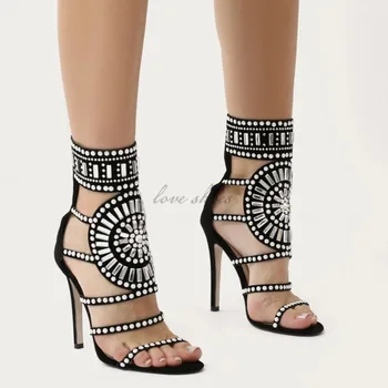 Embellished Stiletto Heels In Black Suede Women Sandals 2017 New Model ...