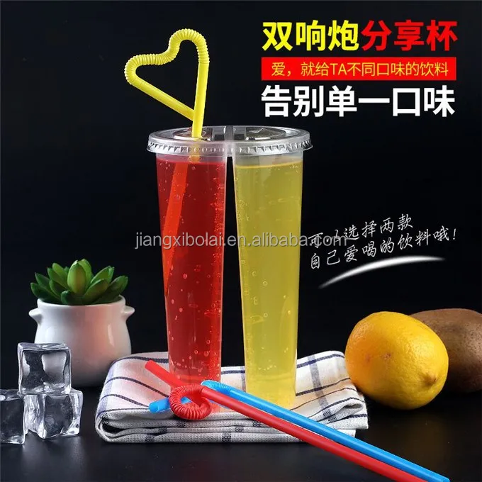 10Pcs 700ml Disposable Plastic Cups with Lids Double Grid Thicken Cup  Couple Sharing Drinking Cup for Bubble Tea Boba Smoothie