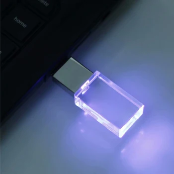 Custom Engraving Logo USB Memory Stick Pendrive 8GB 16GB 32GB 64GB Glass USB Flash Drives With Led Light