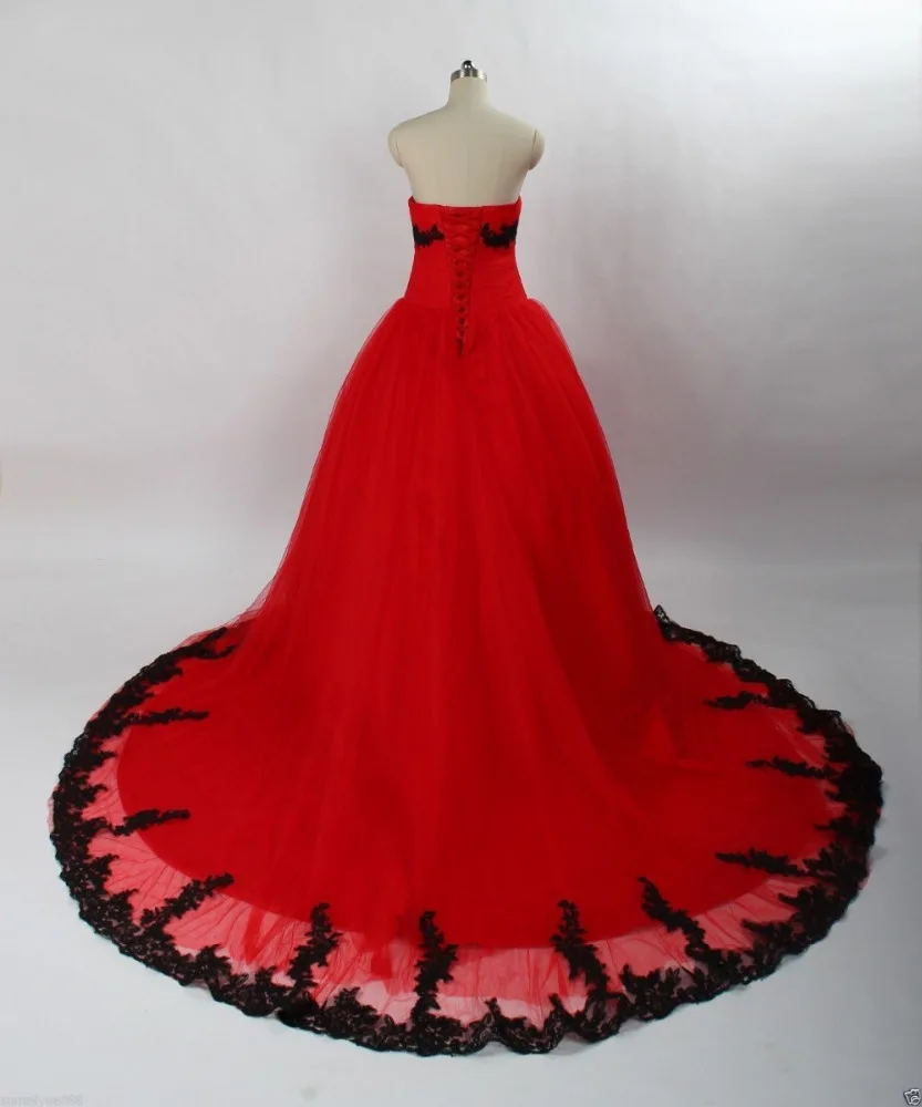 Vintage Black and Red Gothic Ball Gown Wedding Dress | Sweetheart 1960s  Bridal Gown with Custom Colors and Lace Details, image size:833x1000