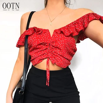 OOTN Tie Red Ruffle Camis Sleeveless Sexy Female Off Shoulder Short Hot Top Summer 2019 Polka Dot Tunic Crop Top Tank Tops Women