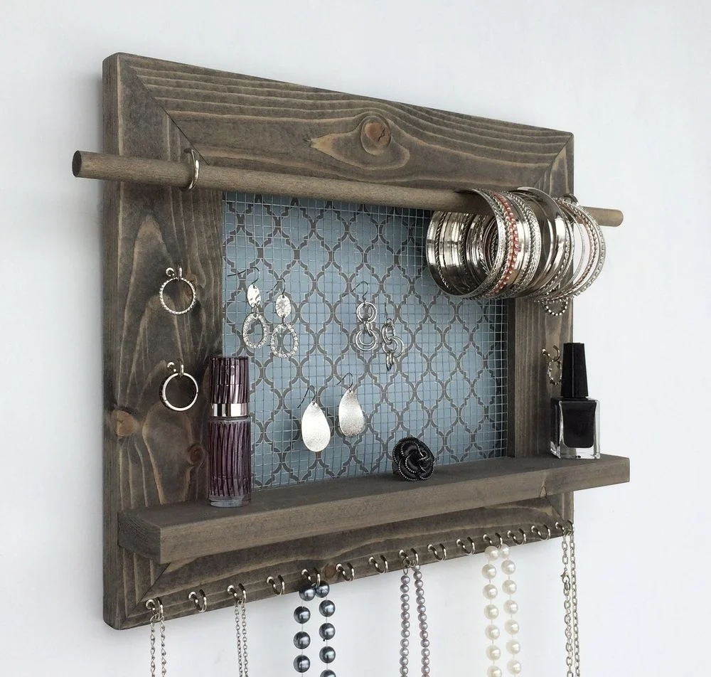 Rustic Wooden Wall Mount Jewelry Organizer For Earrings Necklaces Bracelets Accessories Buy