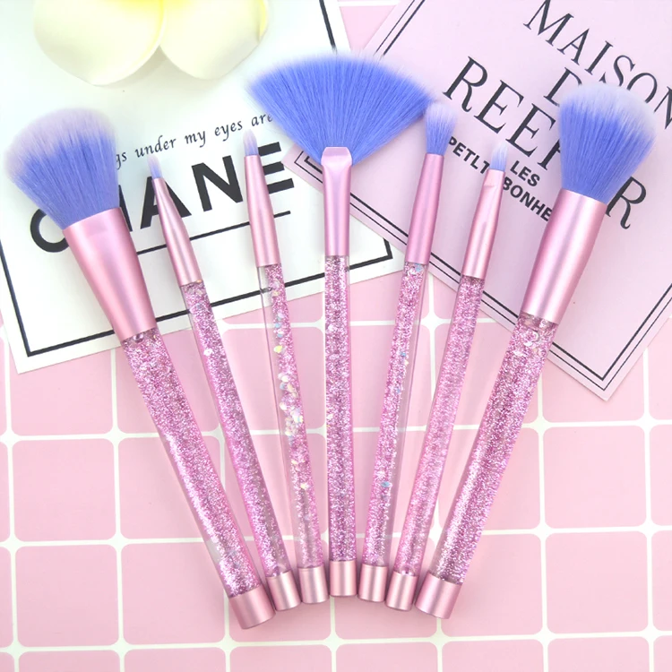 2024 New Style Girl Factory Direct Professional Crystal Beauty 7pcs Pink Glitter Synthetic Quicksand Makeup Cosmetics Brush Set