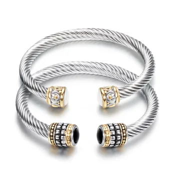 women men stainless steel jewelry twisted semi-precious stone cable wire wrapped retro cuff bangle bracelet