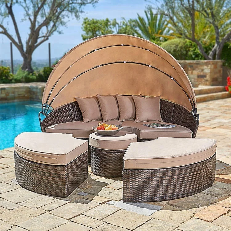 Vendita calda lettino rotondo in vimini in Rattan sdraio impermeabile  spiaggia giardino divano letto set mobili all'aperto moderno contemporaneo 
