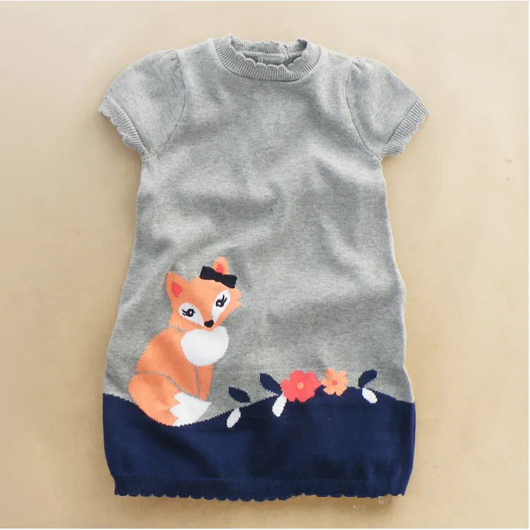 Y035 Retail 2015 New Girl Sweater Dress Patchwork Fox Girl Pullover Knitted Short Sleeve O Neck