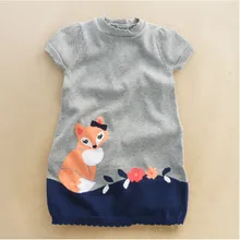 Y035 Retail 2015 New Girl Sweater Dress Patchwork Fox Girl Pullover Knitted Short Sleeve O Neck