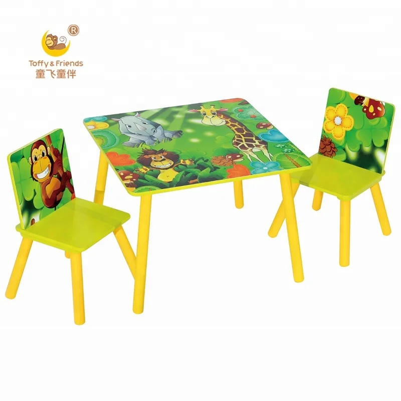 NEW JUNGLE FRIENDS CHILDRENS WOODEN TABLE AND CHAIRS 