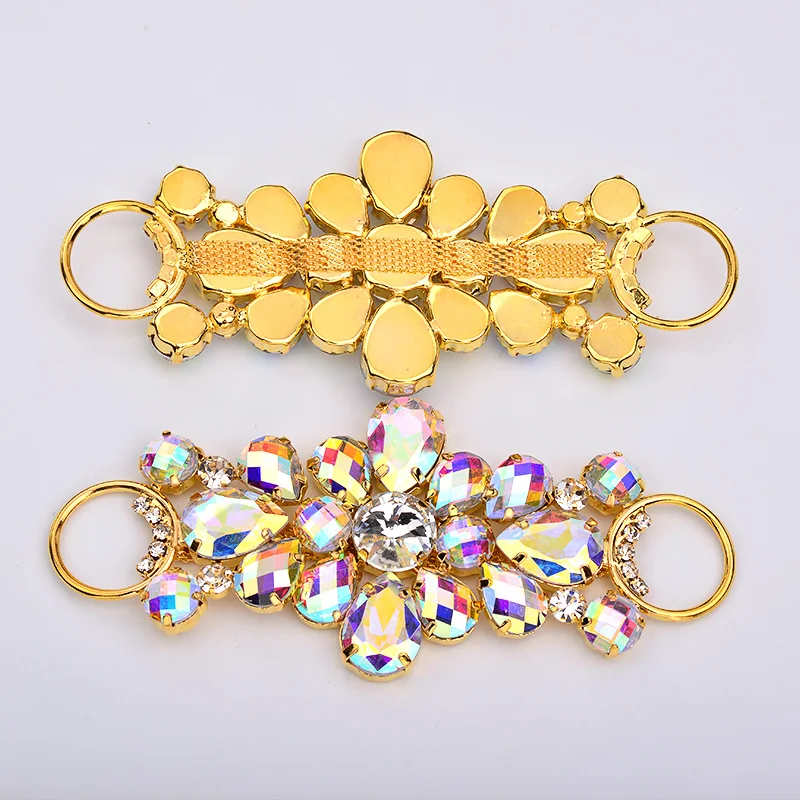 50*115mm Sewing Blue AB Strass Flower Applique Crystal Buckle Bikini Connector Glass Rhinestone Chain for Bra Dress Decoration