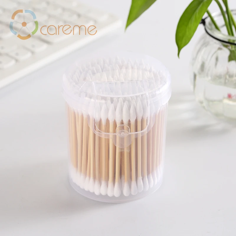 200pcs Disposable Soft Wood Fiber Pure Cotton Swabs Tips PP round clicked box