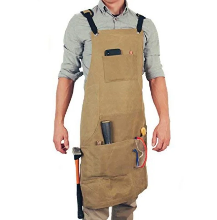 Waxed Canvas Heavy Duty Shop Apron With Pockets Adjustable up to XXL for Men and 