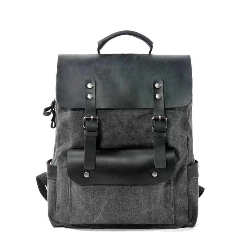 Black Color Washed Canvas with Leather Vintage Backpack Rucksack Backpack