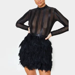 Sexy Sheer  Long Sleeve Feather Skirt Mini Bodycon Party Dress Ladies
