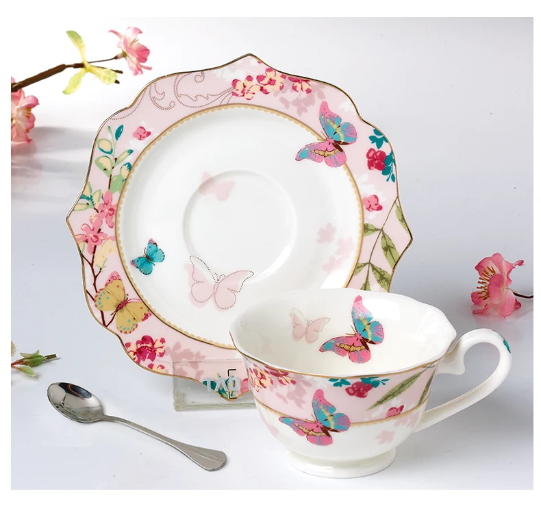 Cheap Best Selling Sweet butterfly Pattern Tea Set Ceramic Bone China Coffee/tea Cup and Saucer with Spoon