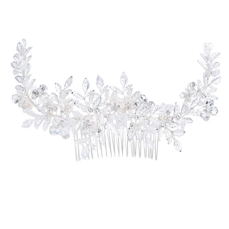 Handmade Wedding Hair Comb Bride Silver Leaf Metal Hairbands Flower Shape Crystal Combs for Women