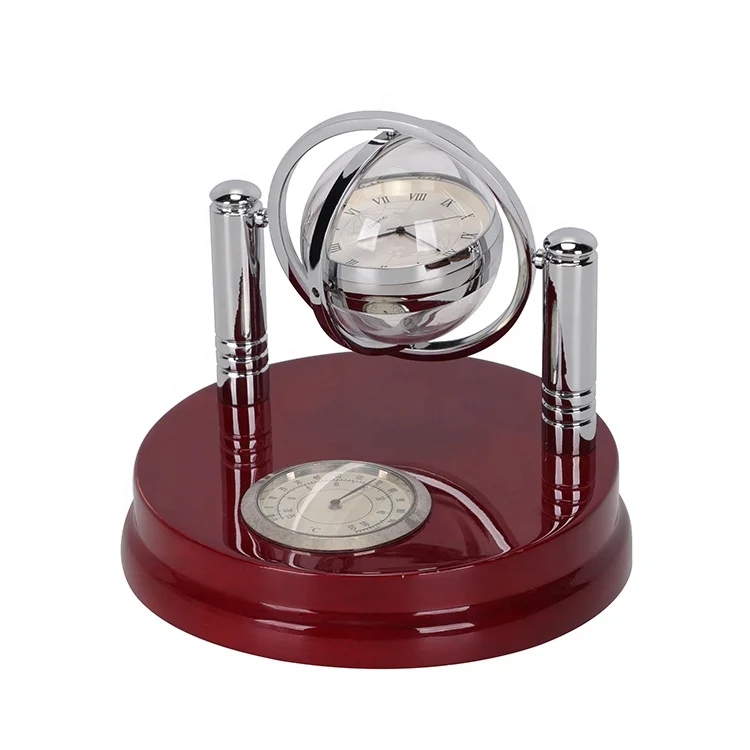 Swiveling Round Wood Base Globe Desk Clock with Thermometer