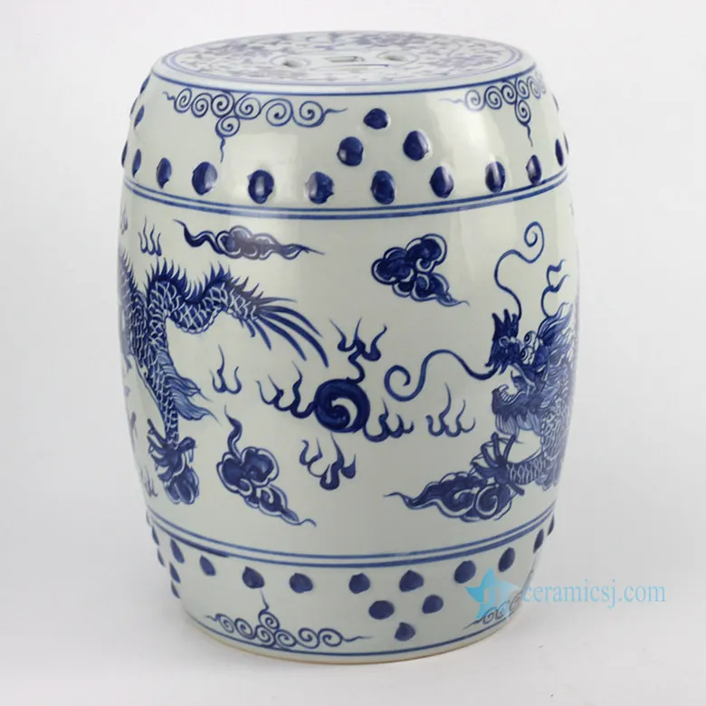 RYLL40 Chinese Dragon Pattern Blue and White Ceramic Barrel Garden Drum Stool