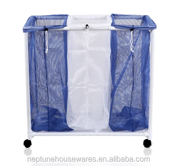 Easy Assembly 3 Bag Mesh Laundry Basket With Wheels Foldable Sorter