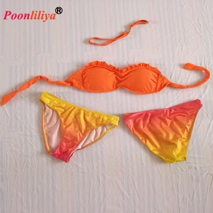 Factory Direct Custom Printed Bandeau Ruffle Tie-Dye Bikini Quick Dry and Breathable Beachwear for Adults Solid Pattern