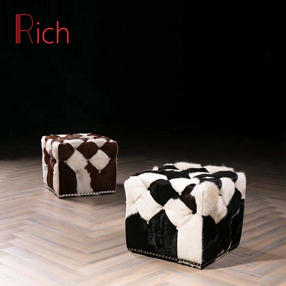 Cowhide Fur square Stool Cube Ottoman Cowhide Leather Stool Black and White Padded Fabric Overstuffed Footstool Ottoman