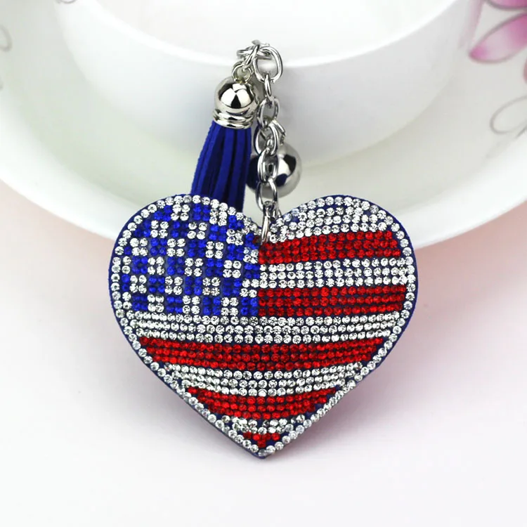 American Flag Heart Rhinestone Tassel Key Chain Handbag Charm Accessory