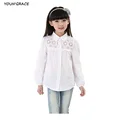 2015 New 4 14 Years Girls Cotton Hollow Solid Dress Shirts Brand Children White Pink Long