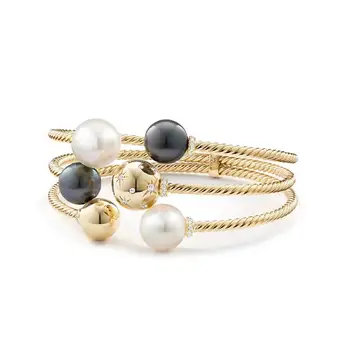 Zooying three - row bangles 18k gold south sea white pearl, tahitian grey pearl diamond bracelet for women