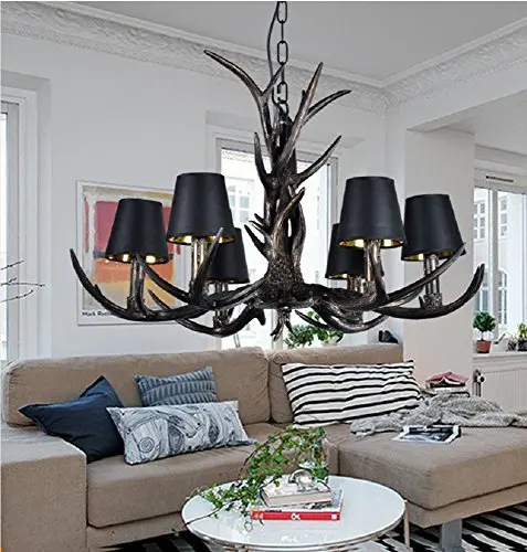Vintage Lumière Pendante Résine Antlers Lustres Chaîne Réglable Hauteur Table Chandelier Corne De Cerf Lampe À Suspension Chambre Coucher Salon Salle D'étude Bureau Restaurant Pendentif,6 Heads